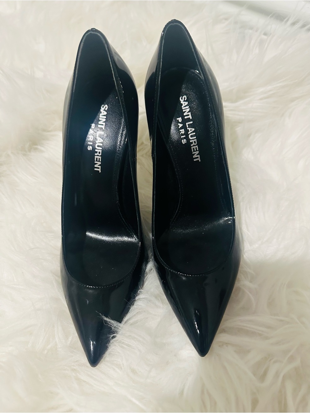 Saint Laurent Black Patent Stiletto Pumps with Silver YSL Logo Heel